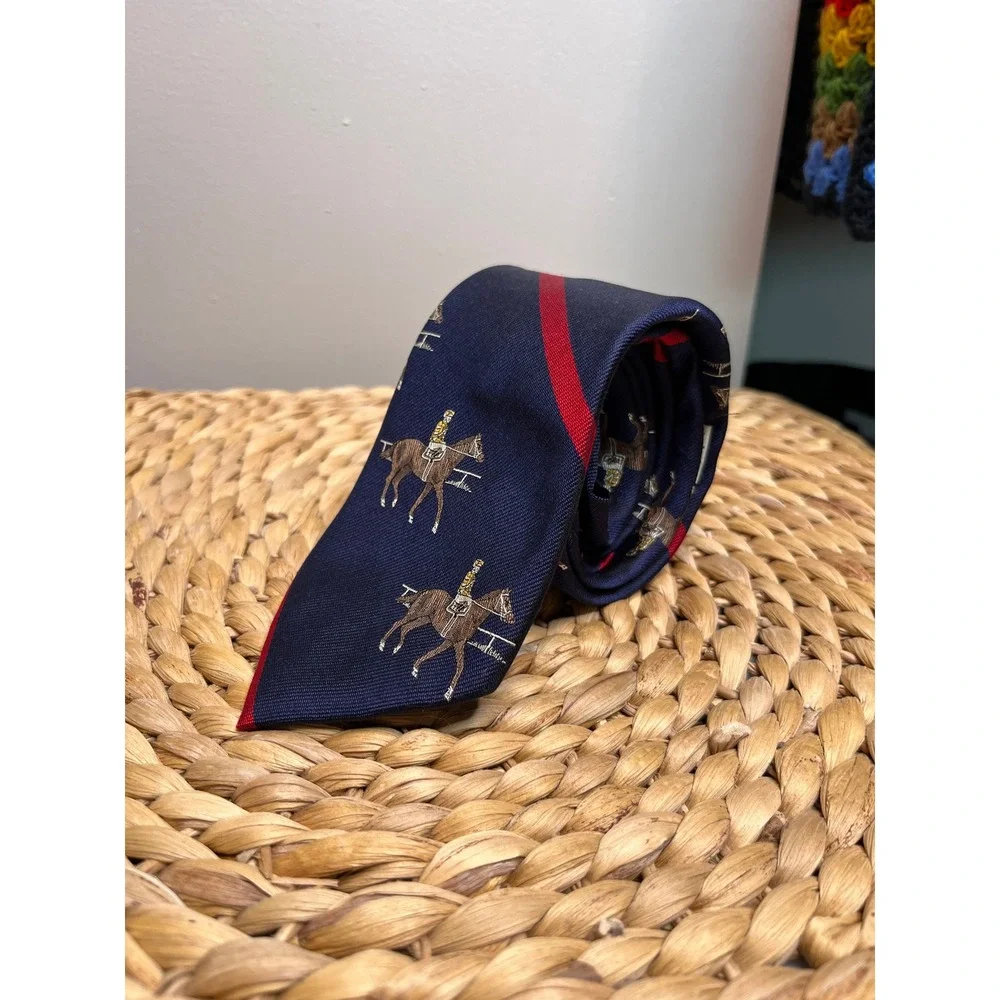 Keeneland Navy Blue Red Equestrian Horses Kentucky Derby Prep Old Money Silk Tie
